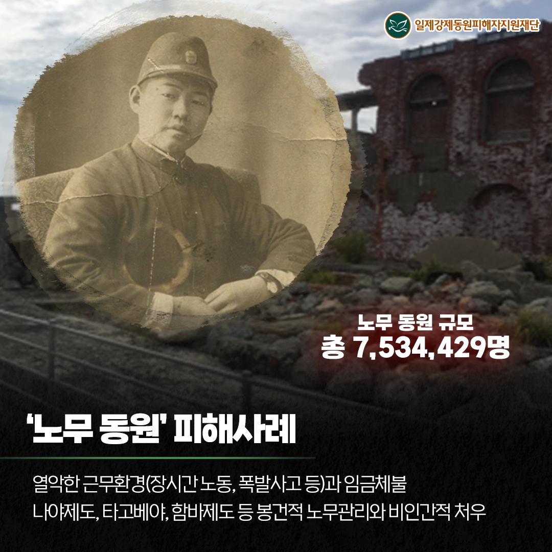 노무 동원 규모 총7,534,429명 '노무 동원'피해사례 열악한 근무환경(장시간 노동,폭발사고 등)과 임금체불 나야제도,타고베야,함바제도 등 봉건적 노무관리와 비인간적 처우